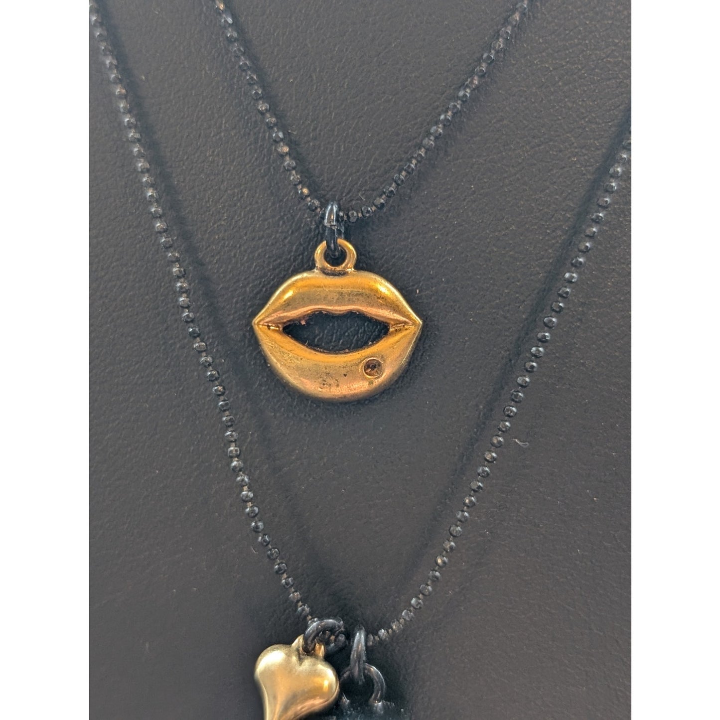 Betsey Johnson Black Gold Rhinestone Whistle Lips Heart Double Strand Necklace