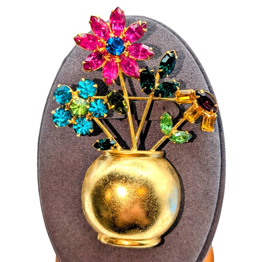 VTG Mid-Century Multi-Color Glass Stone Flowers in Gold Tone Flower Pot Brooch