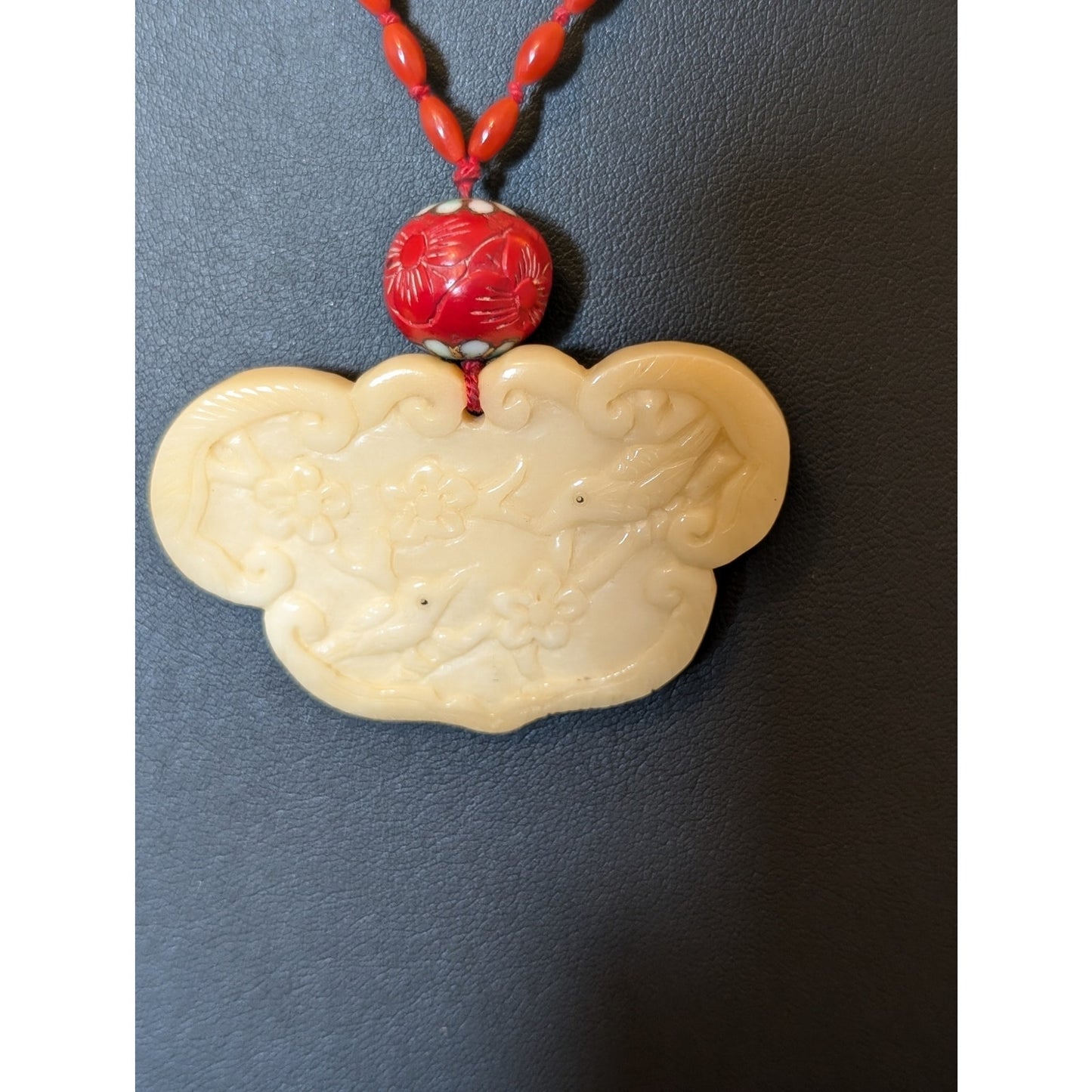 Antique Carved Birds Asian Medallion Hand-Knotted Beaded Necklace