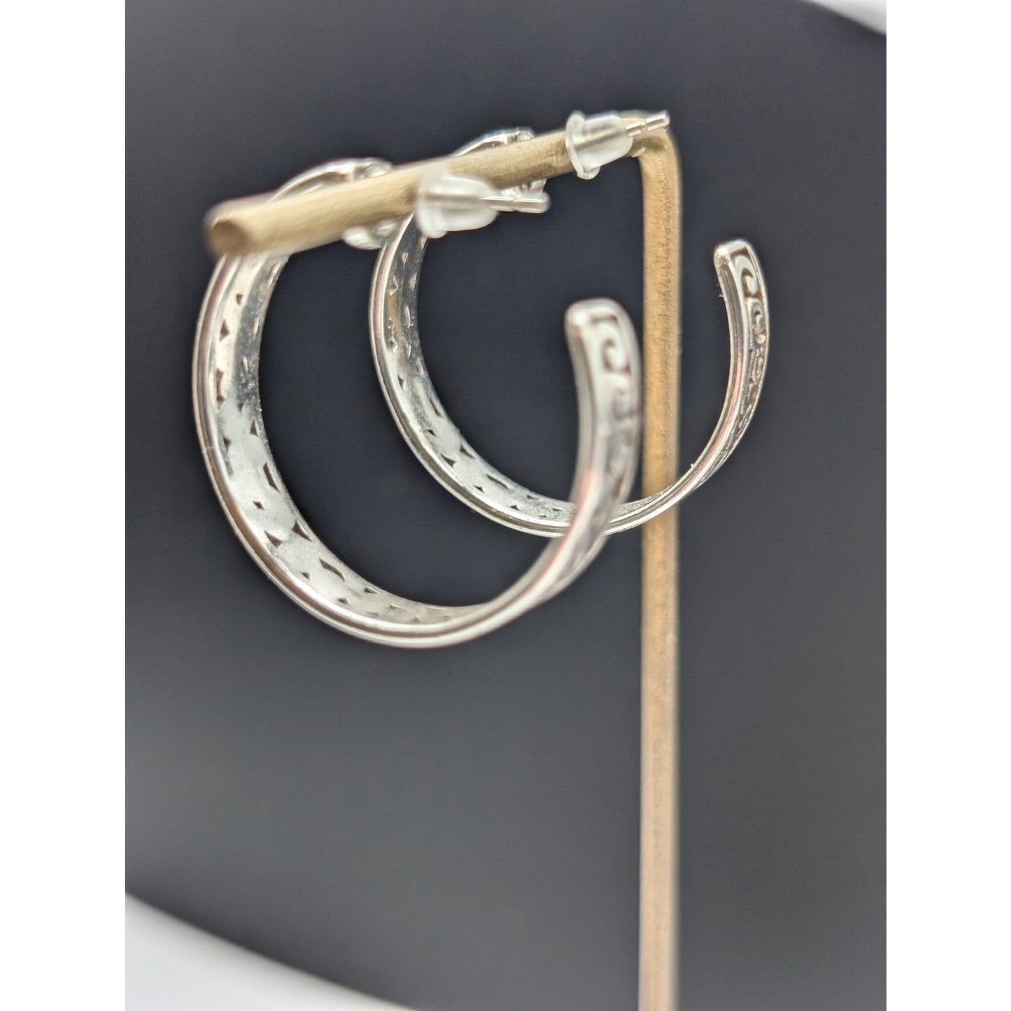 Silver Plated Cut Out Design 3/4 Hoop Earrings