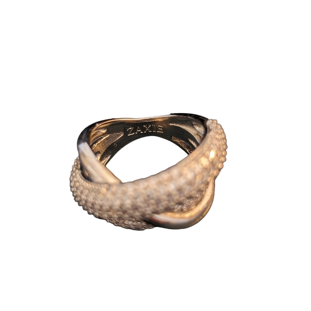 Xaxie Pave Rhodium Plated CZ Crossover Silver Tone Ring Size 6.75