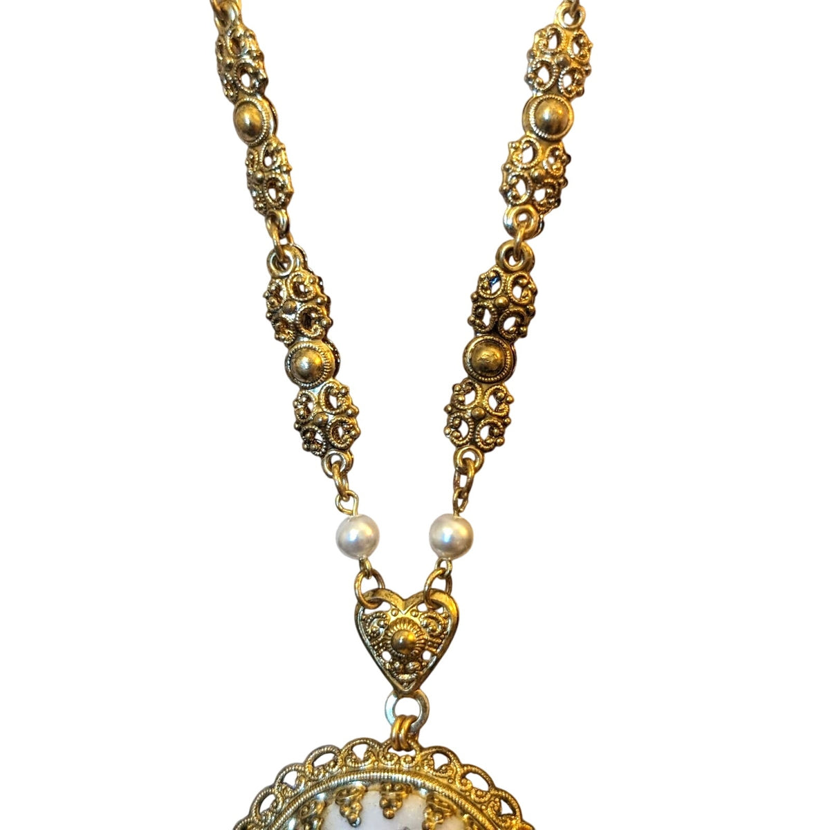 West Germany Vintage 60s Floral Print Sugar Glass Pendant Filigree 25" Necklace