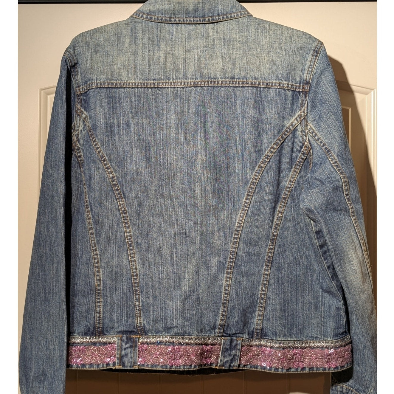 Berek by Takako Sakon Embellished Pink Sequin Bead Rhinestone Denim Jacket Sz XL