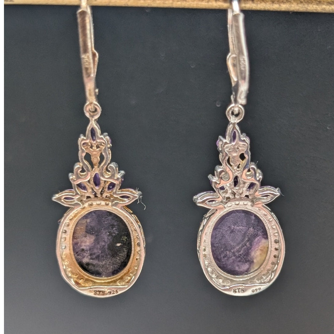 STS Sterling Amethyst/Purple Sodalite Dangle Lever-Back 1.5" Earrings 7.04g