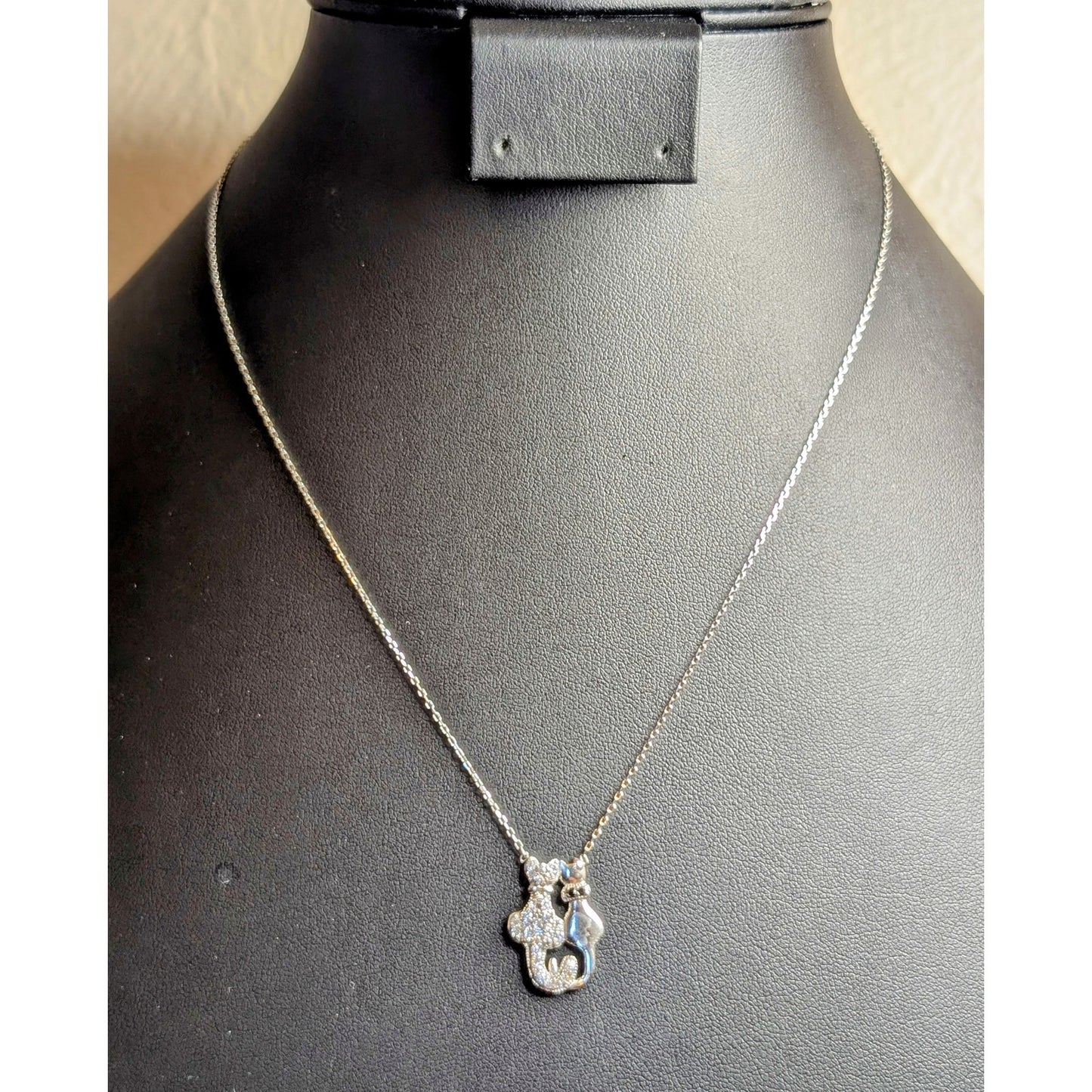 Dainty Twin Cats 925 Sterling Silver Crystal Pendant Chain 16"-18" Necklace