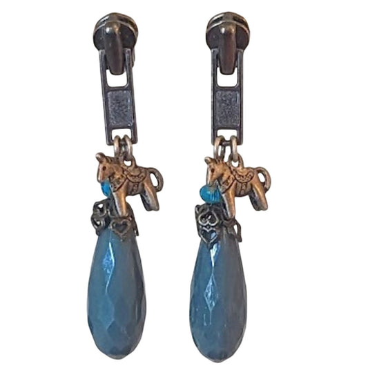 Zipper Horse Teal Bead Dangle Post Earrings