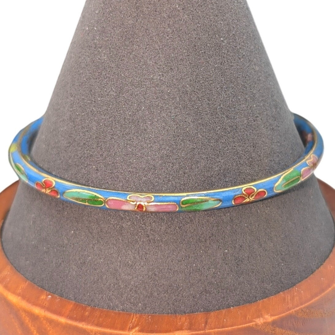 Vintage Thin Blue Floral Cloisonne Bangle Bracelet