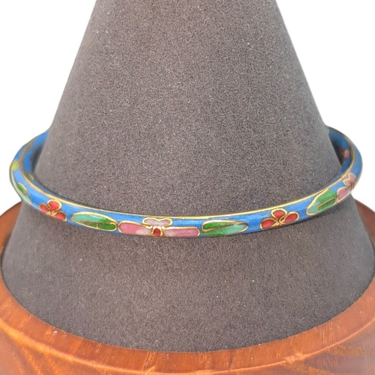Vintage Thin Blue Floral Cloisonne Bangle Bracelet