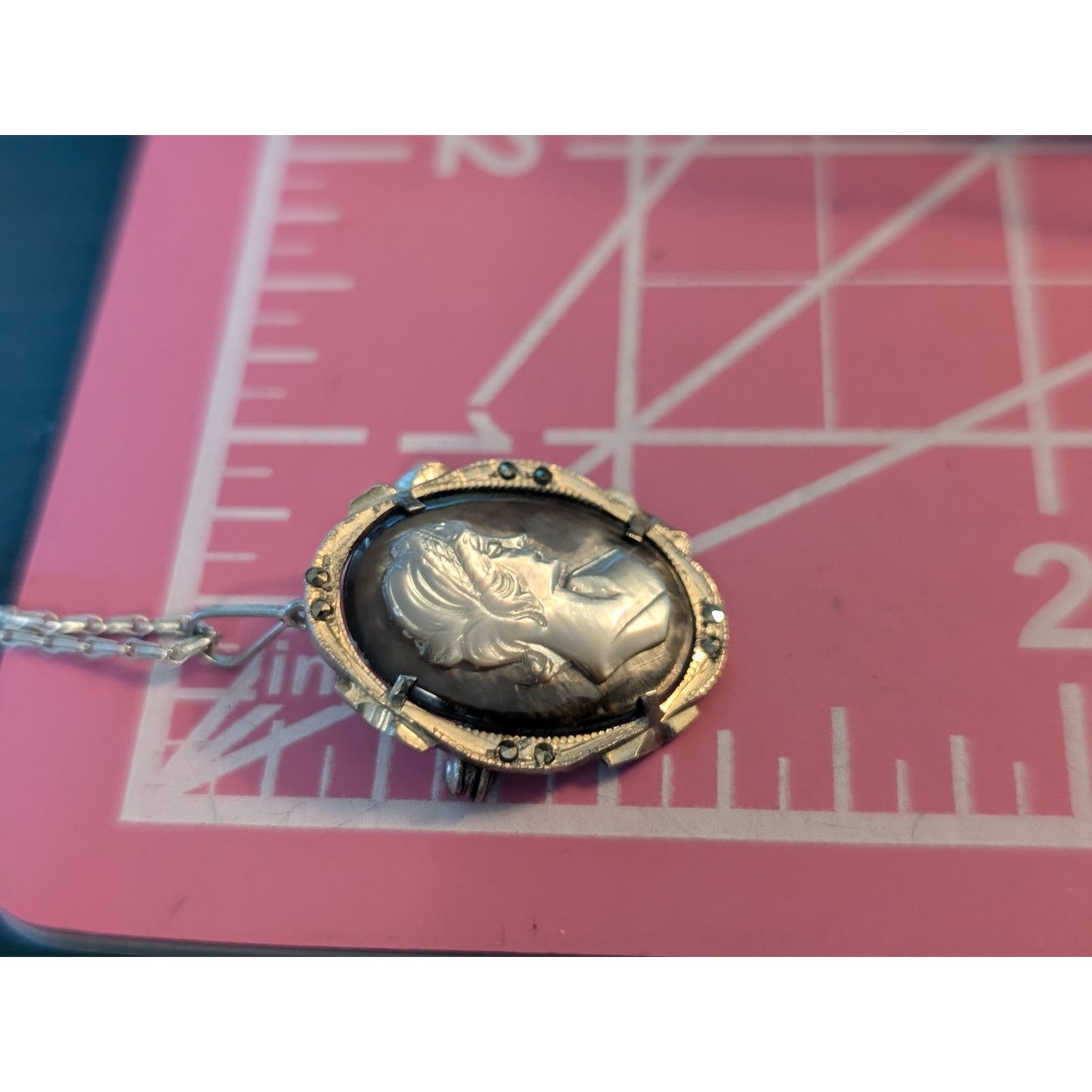 Antique Carved MOP Marcasite Cameo 800 Silver Pendant Pin Chain Necklace