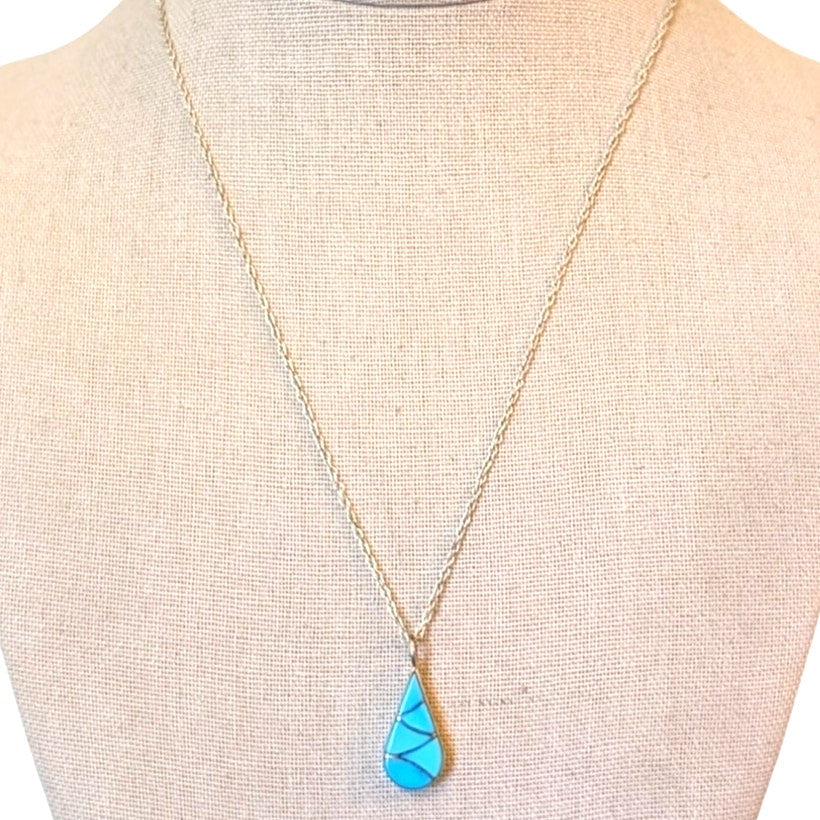 925 Silver Reversible Turquoise & Mother of Pearl Teardrop Pendant 18" Necklace