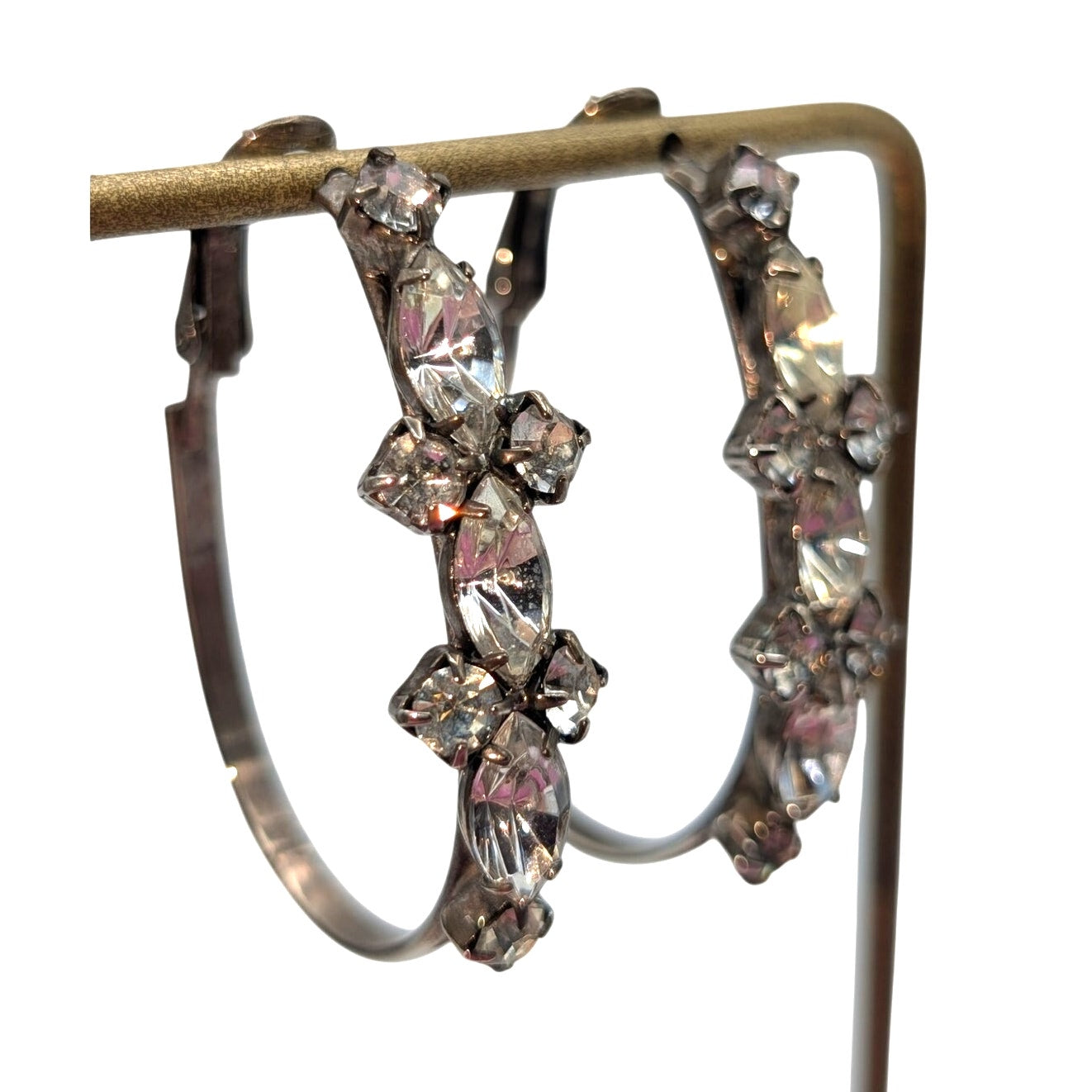 Silver Tone Front Long Prong Set Rhinestone Oblong Hoop Earrings
