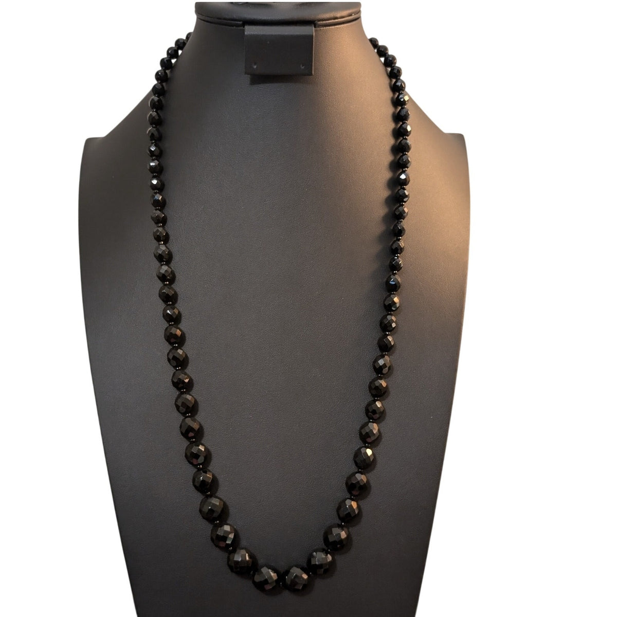 Vintage Jet Black Glass Faceted Graduated Bead Strand 30" Necklace