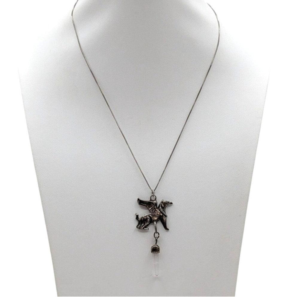 Vtg Scythian Griffin Crystal Dangle Pendant on 925 Sterling Box Chain Necklace