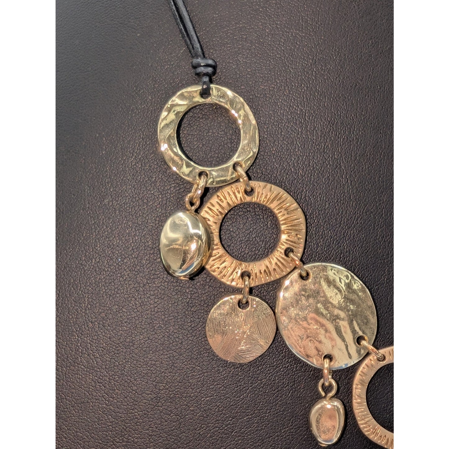 Chico's Gold Tone Hammered Metal Disk Dangles Corded 17"-21" Necklace