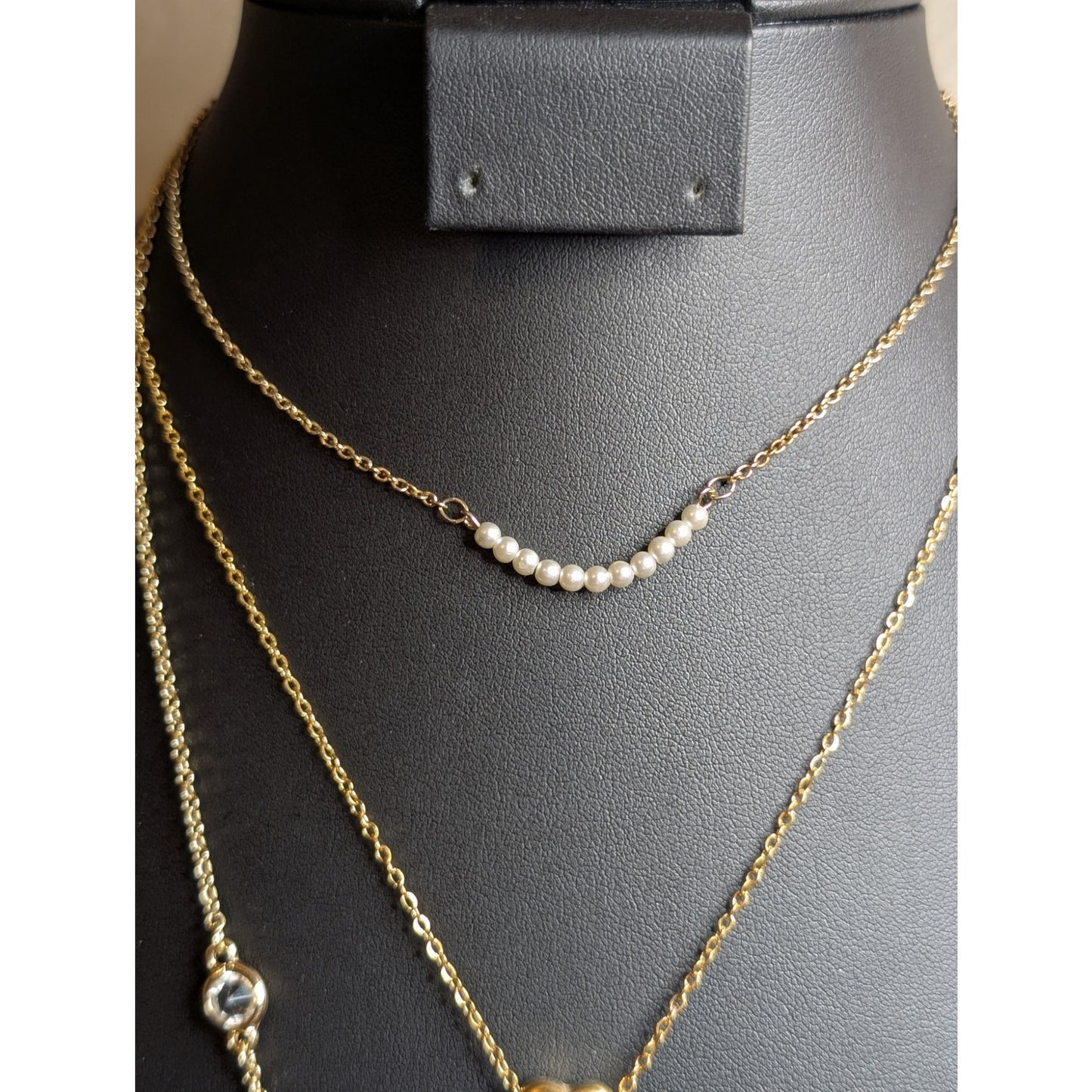 Three Layered Gold Tone Crystal Pearl Heart Necklaces