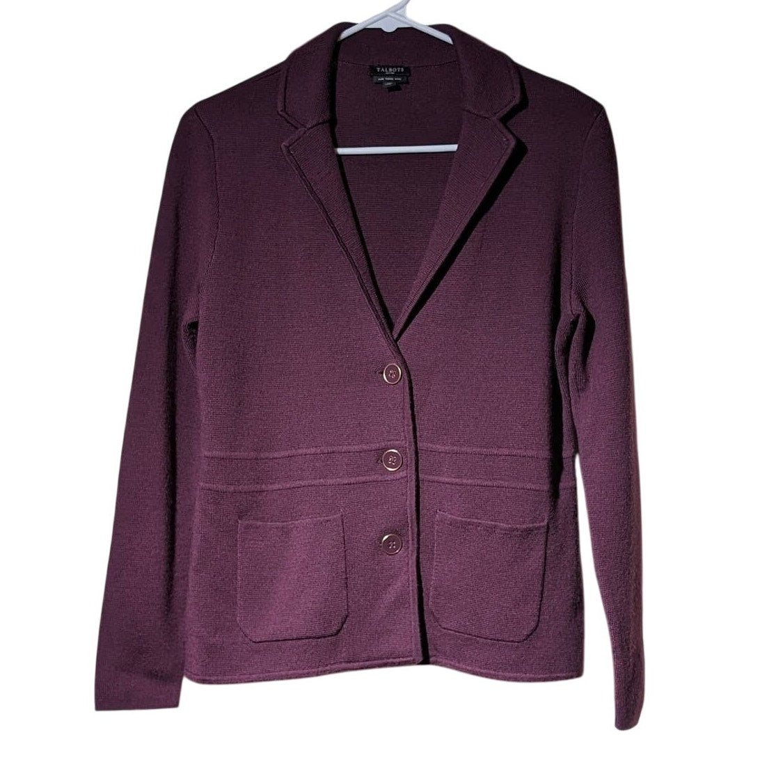Talbots Pure Merino Wool Plum Three Button Pocket Sweater Blazer Sz Petite S