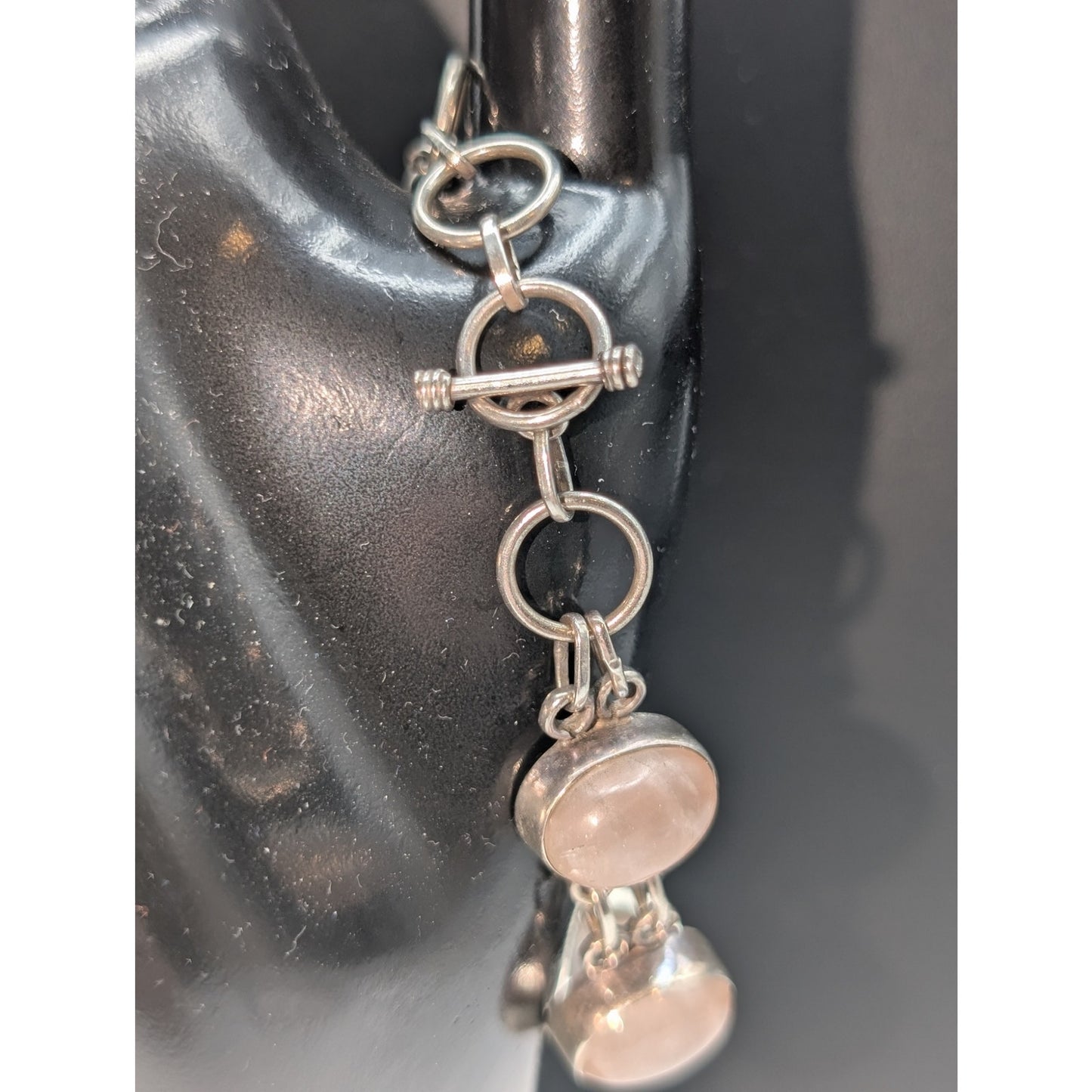 Vintage 925 Sterling Silver Rose Quartz Toggle Clasp Bracelet