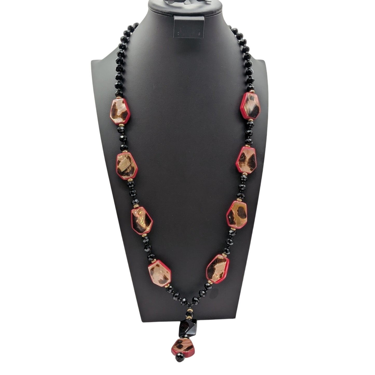Chico's Collectibles Black Glass Red Lucite Animal Print Shell Dangle Necklace