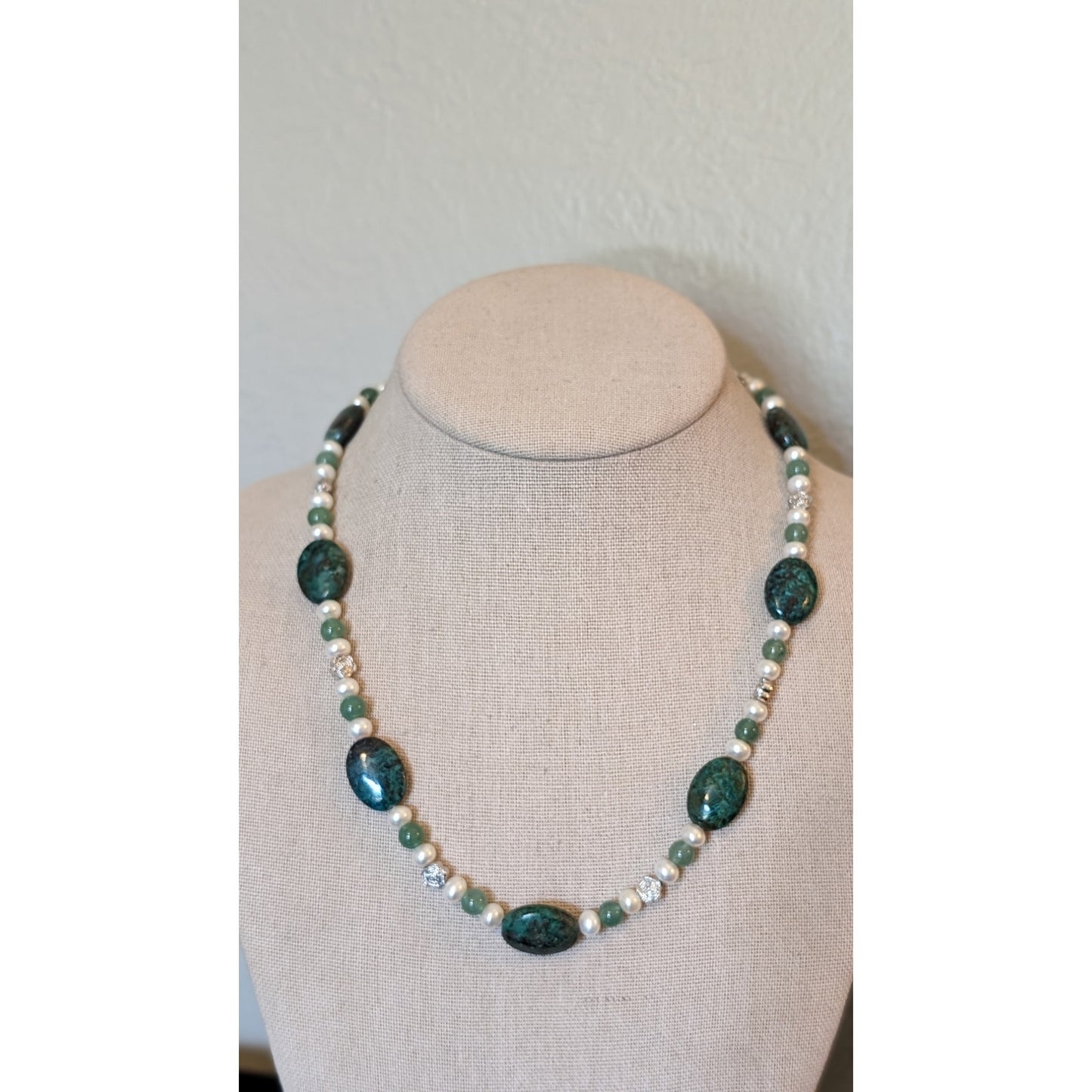 Crysocolla, Nephrite and Pearl Beaded Necklace W/ Magnetic Clasp Closure