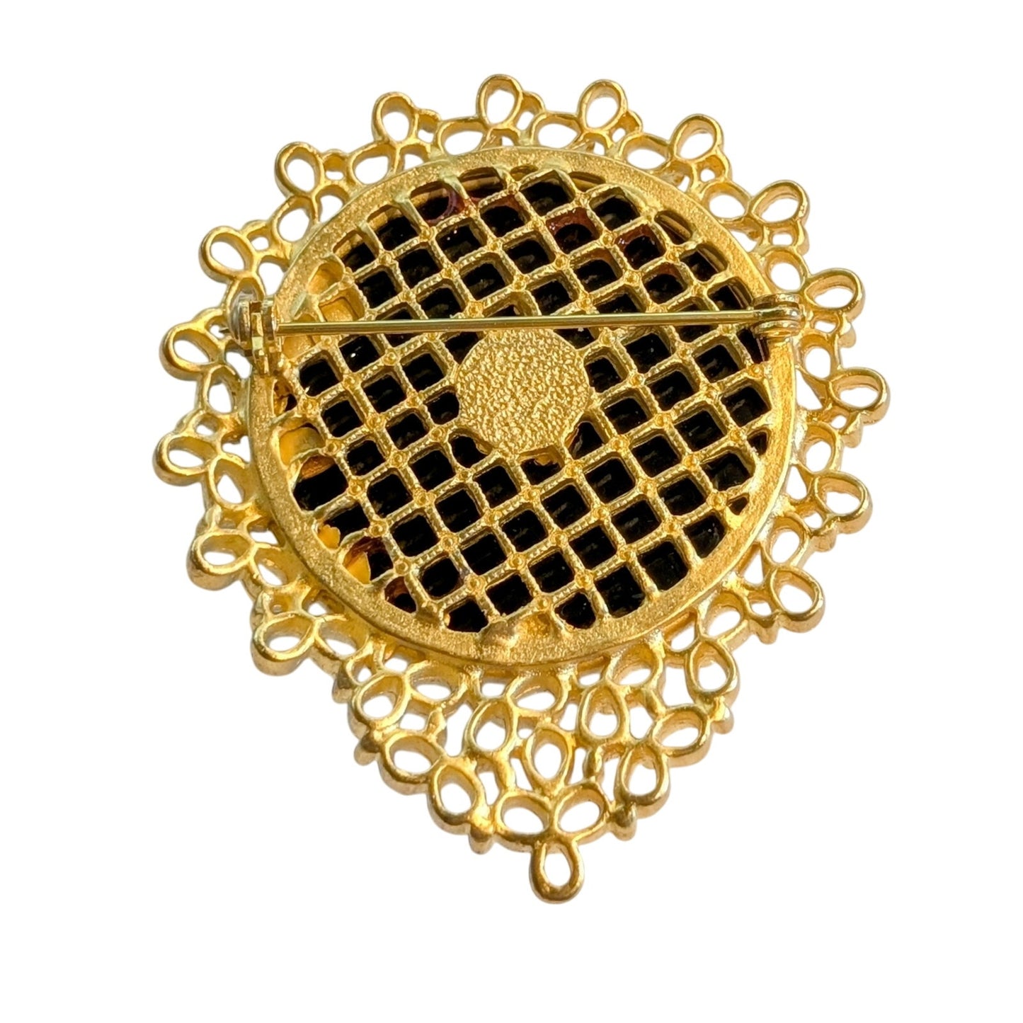 Lacy Gold Tone Surrounding Large Black Cabochon Bead Center Brooch