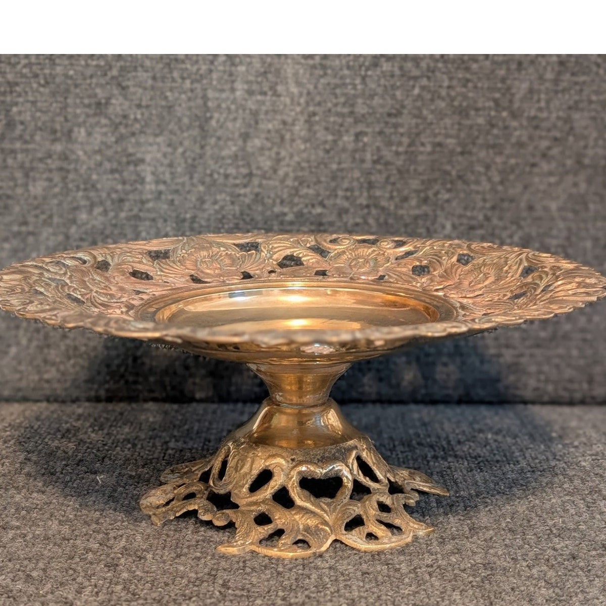 Vintage Brass Ornate Cut Out Floral Pedestal Bowl Compote
