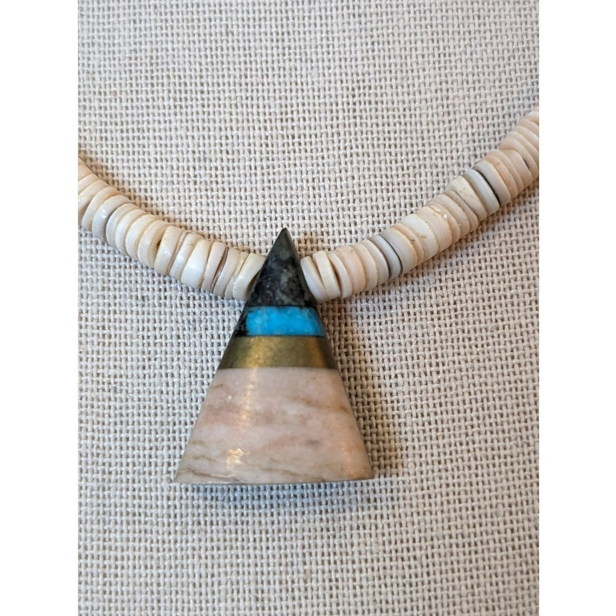 Vintage Native American Heishi Hook Closure Necklace W/ Triangular Inlay Pendant