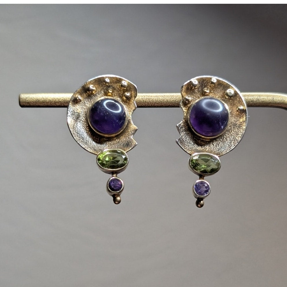 925 Sterling Silver Two Tone Amethyst & Peridot Pierced Post Earrings