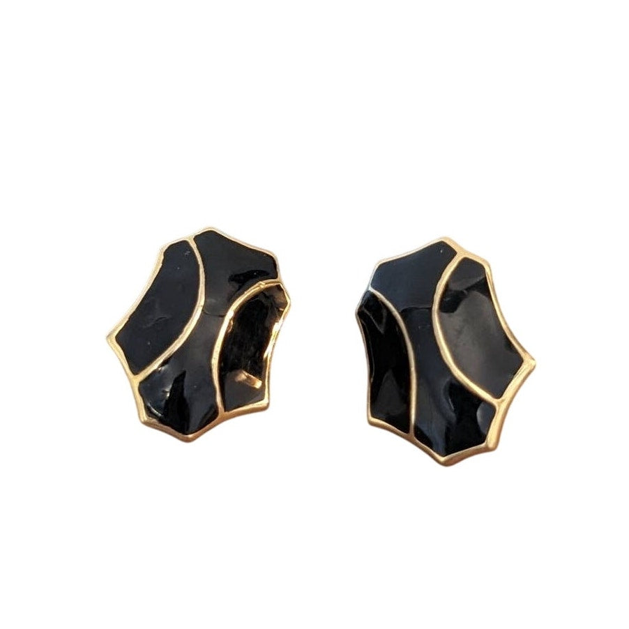 Monet Vintage Black Enamel Gold Tone Post Earrings