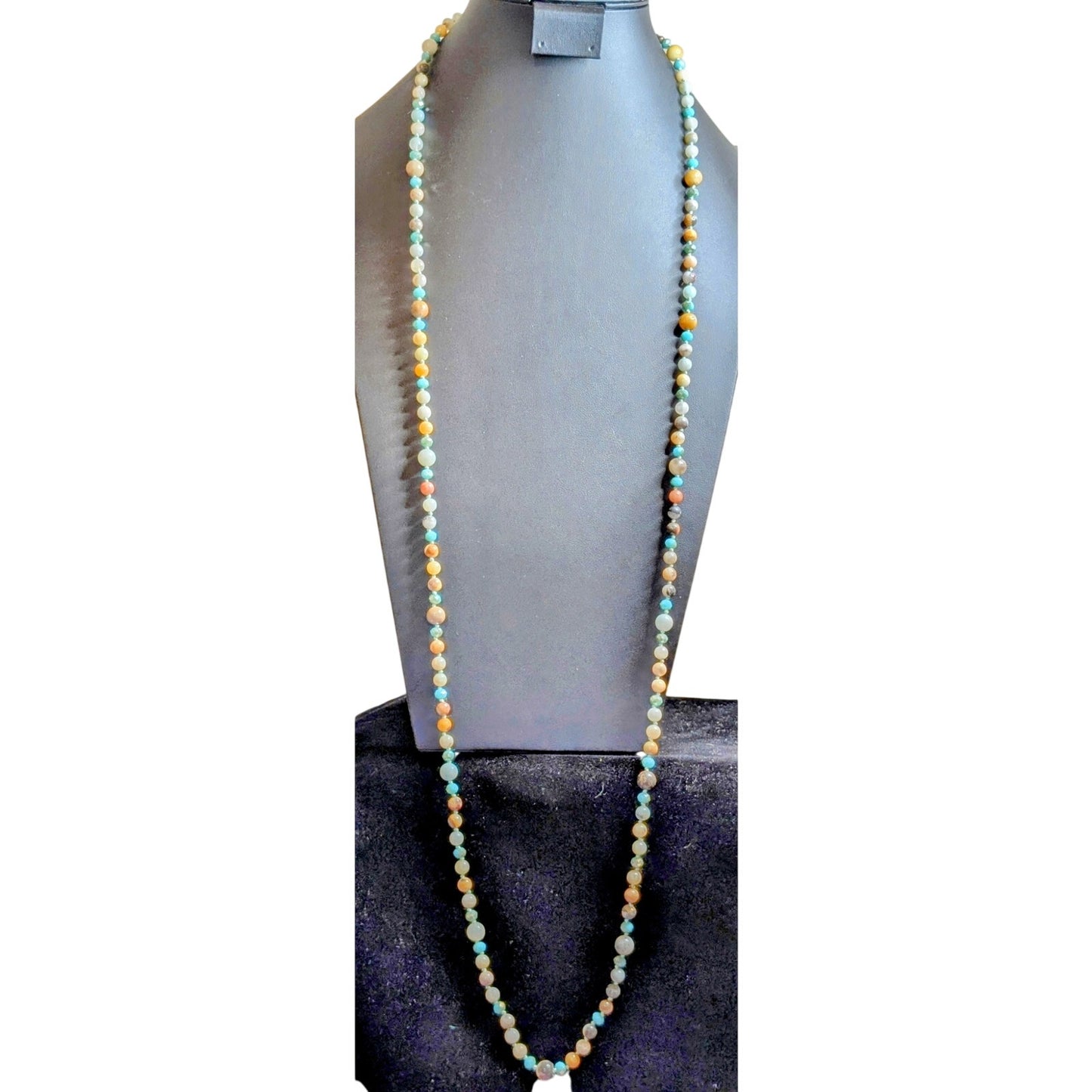 Jasper Glass Agate Quartz Multi Stone Opera 48" Hand Knotted Necklace