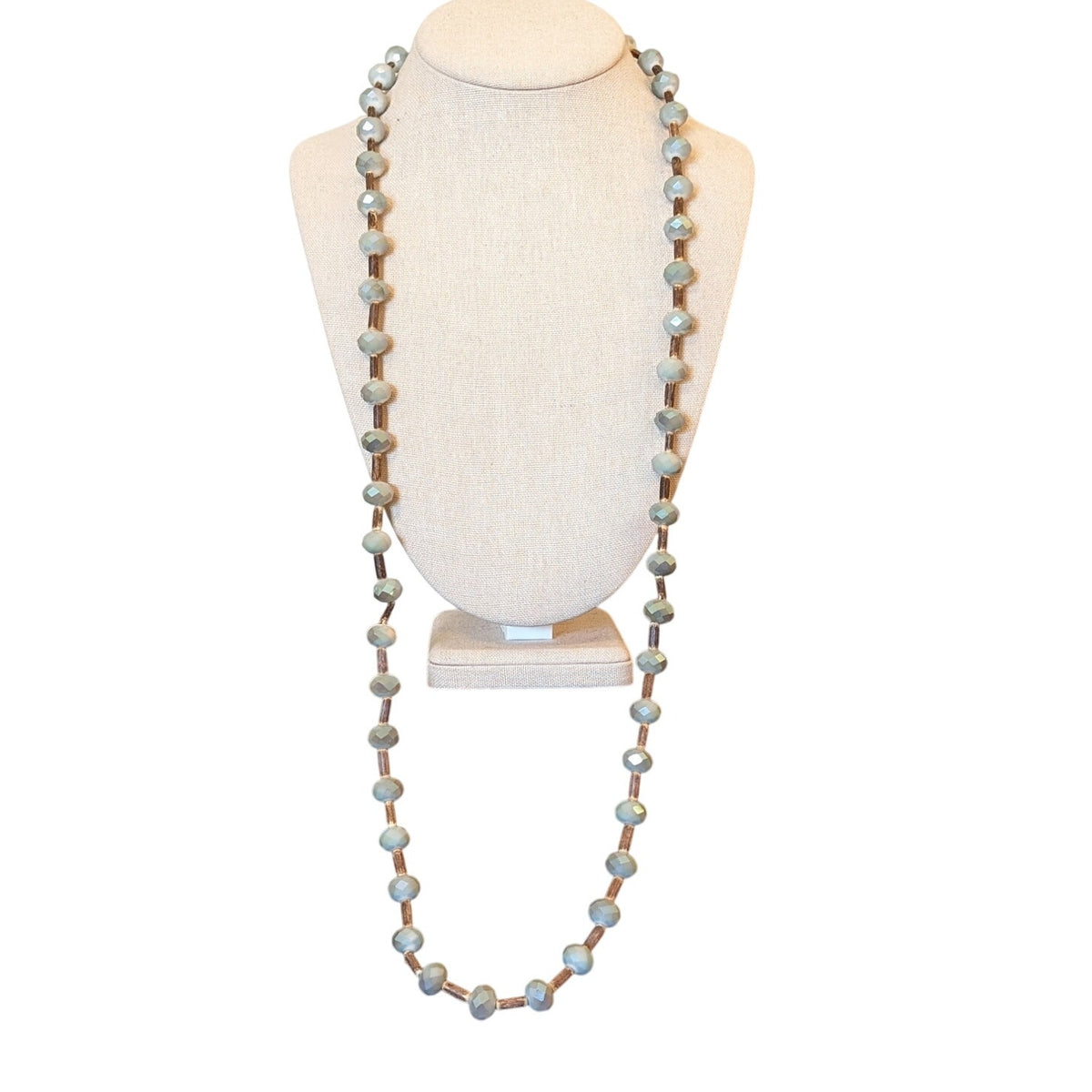 Plunder Designs Wood Smokey Blue Faceted Glass Crystal Bead Long Strand Necklace