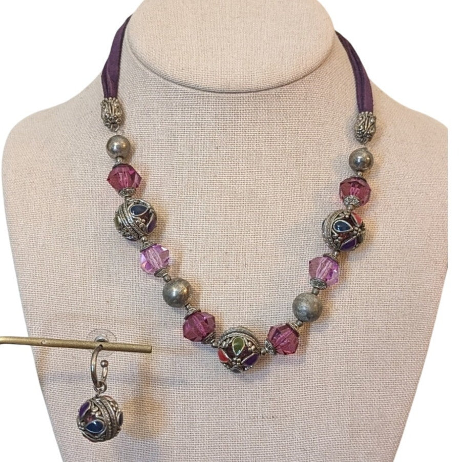 Purple Leather Corded Silvertone Enamel Fuschia Beaded Necklace & 1 Earring