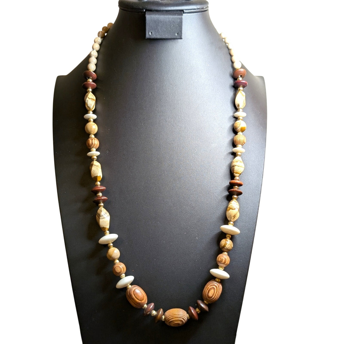Vintage Wood Jasper Stone Bead 28" Necklace W/ Slide in Clasp.