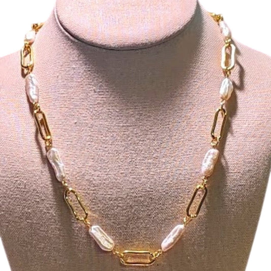Paper Clip Gold Tone Link and Fresh Water Baroque Nugget Faux Pearl Necklace