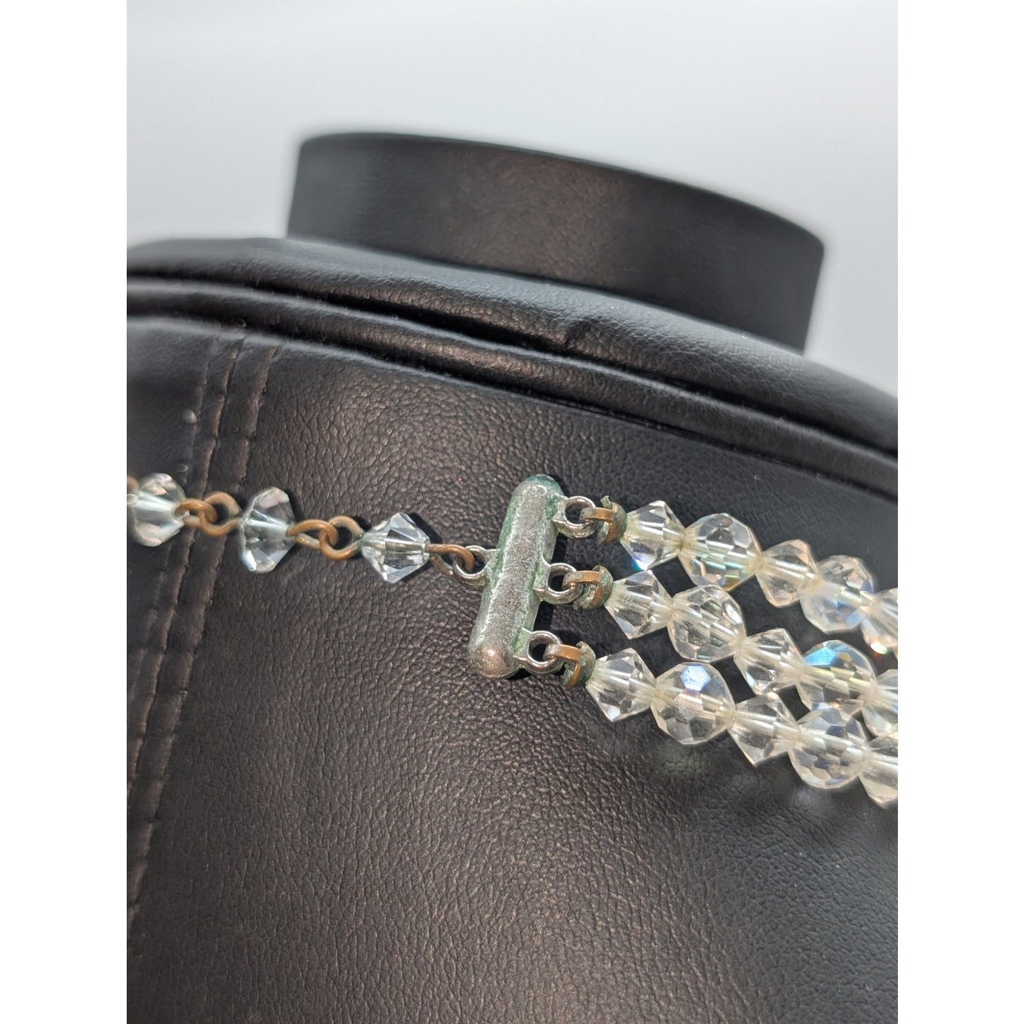 Vtg Graduated Three Strand Czech Faceted Clear & AB Crystal 13"-15.5" Necklace