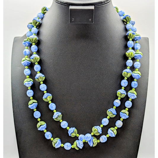 Vintage Art Deco Blue Green Slag Glass Flower Bead Long 50" Necklace