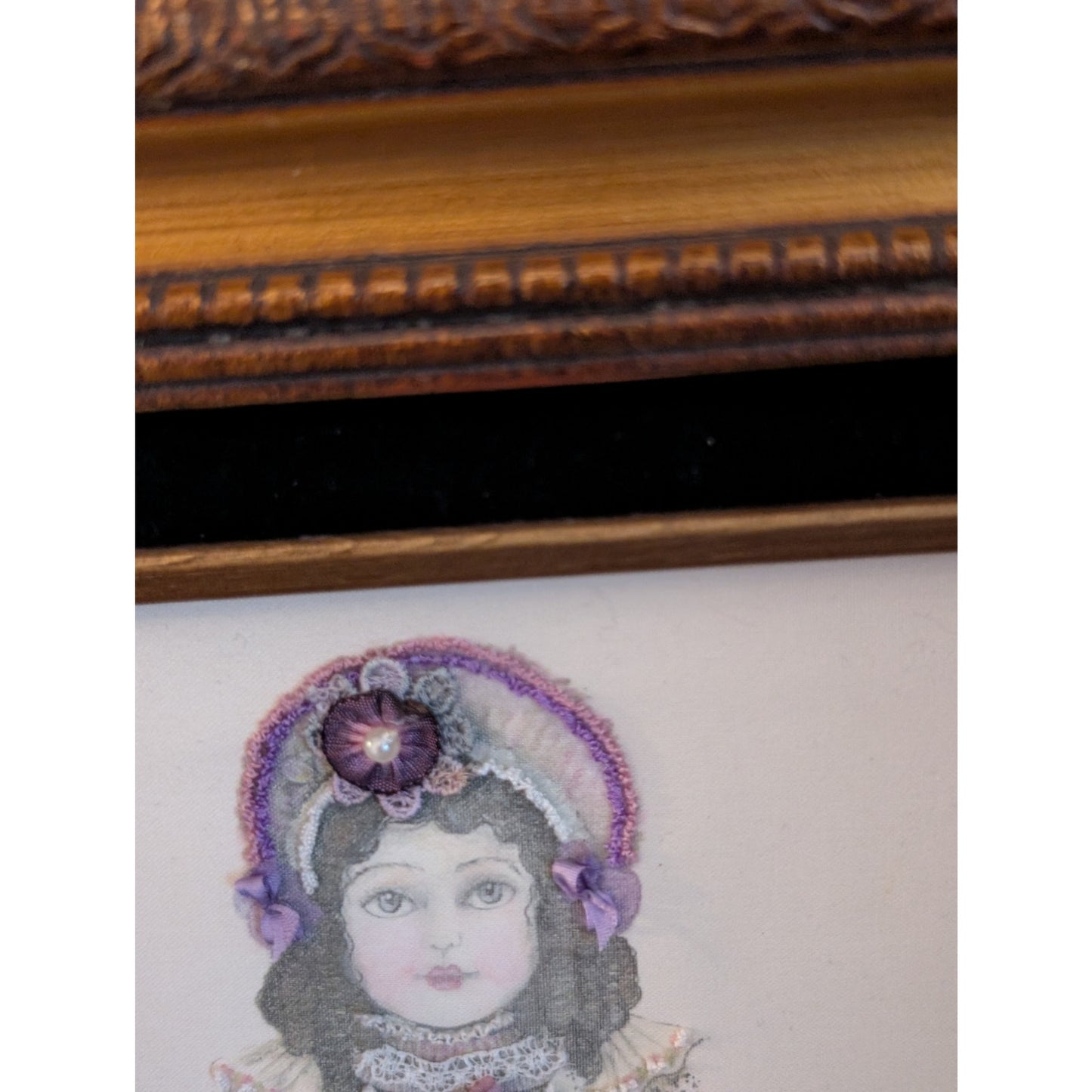 Vintage Ribbon & Lace Print Lady in Vintage Wood Frame
