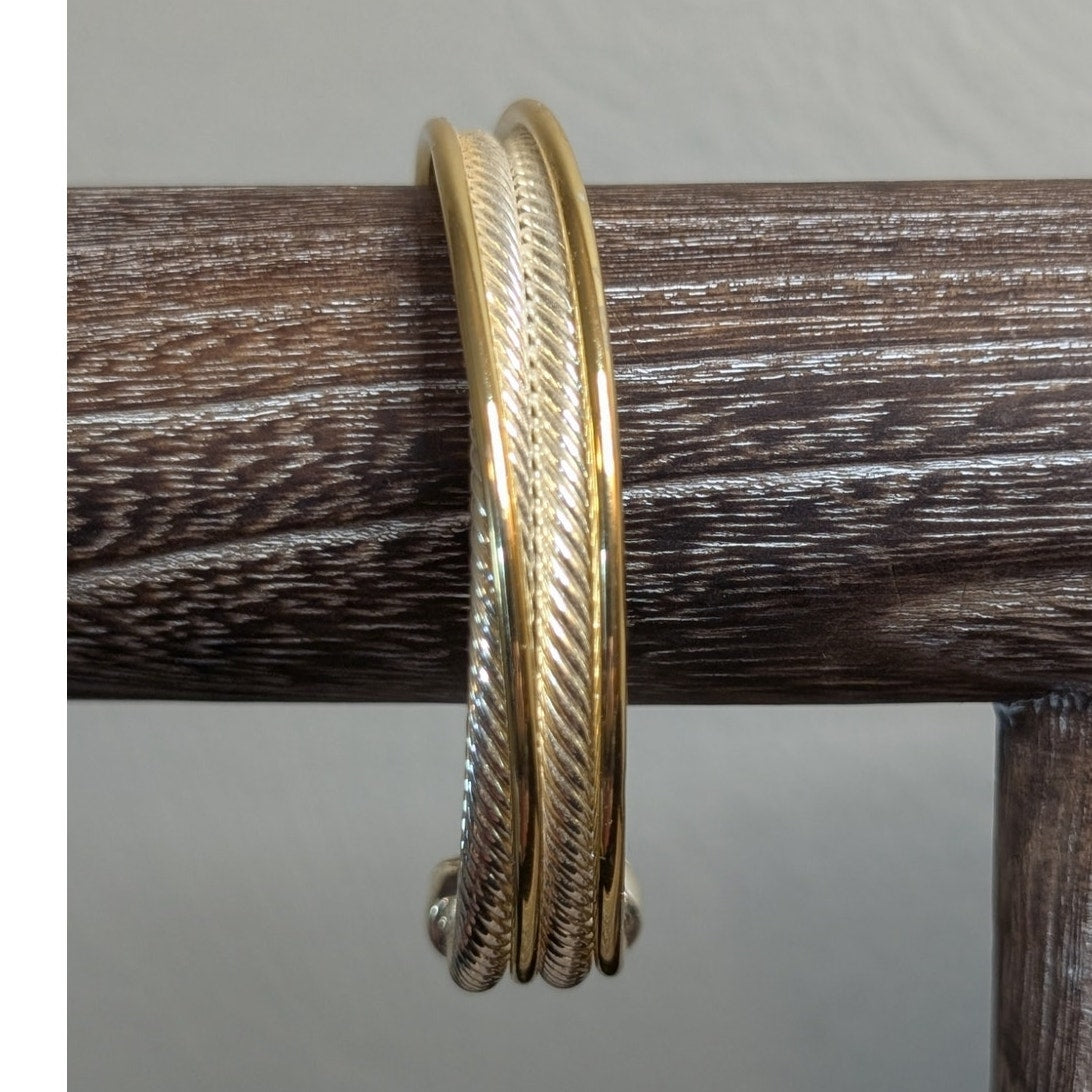 Double Two Tone Gold Bar Silver Rope Cuff Bracelet