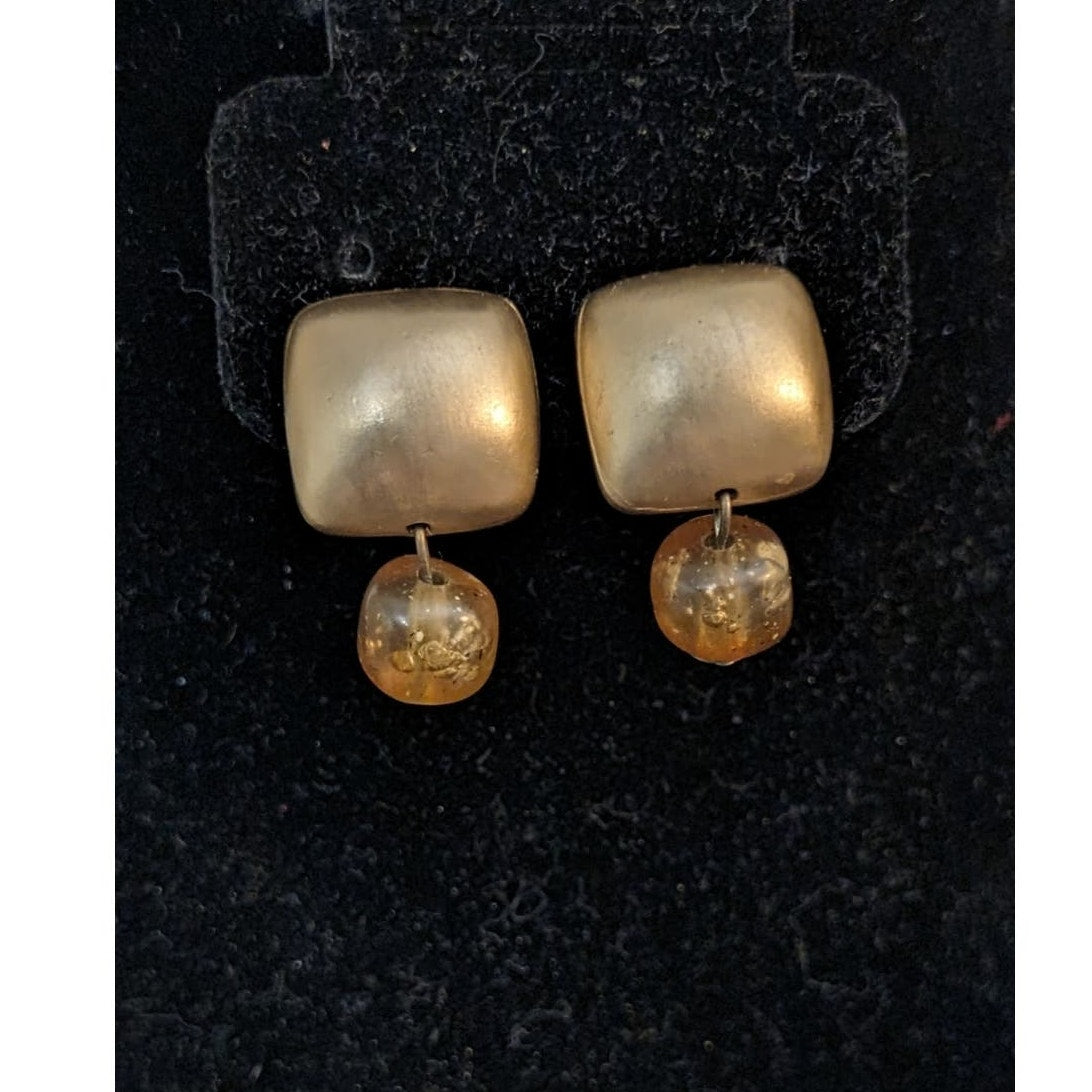 Two Pair Vintage 50s 60s Clip On Gold Tone Dangle Earrings