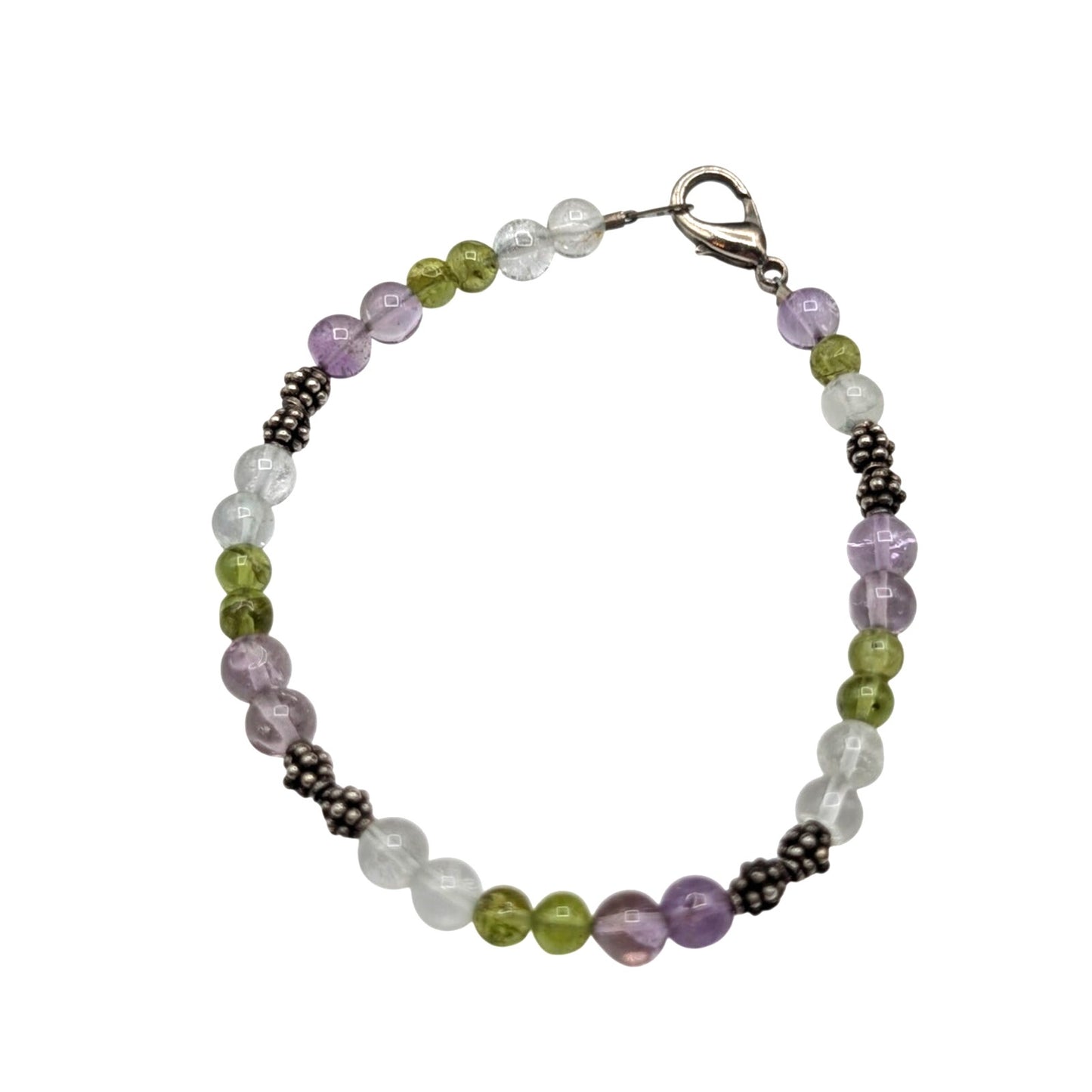 Amethyst Peridot Quartz & Silver Beaded Silver Tone Clasp Bracelet