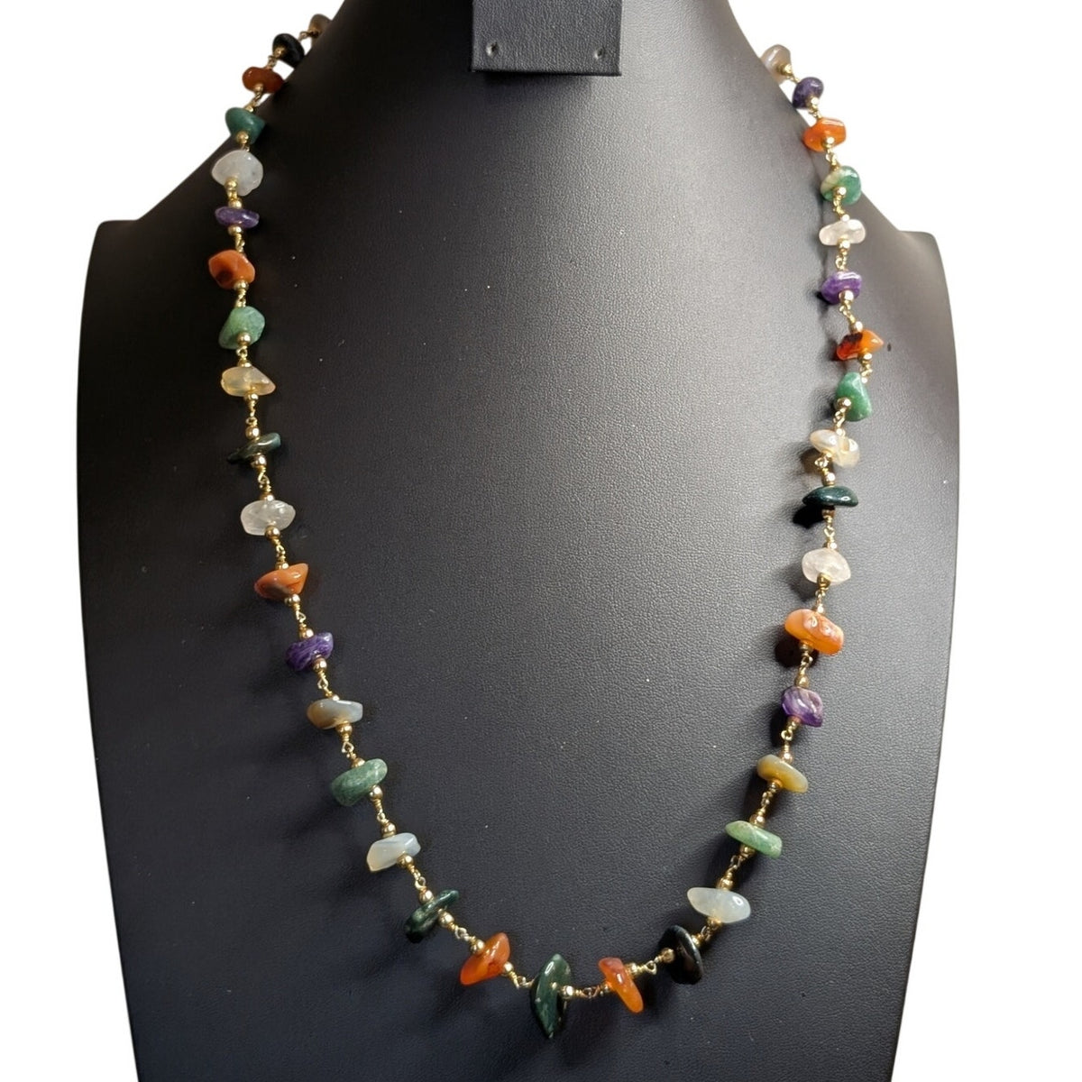 Vintage Multi Genuine Gemstone Gold Tone Bead Barrel Clasp 26" Necklace