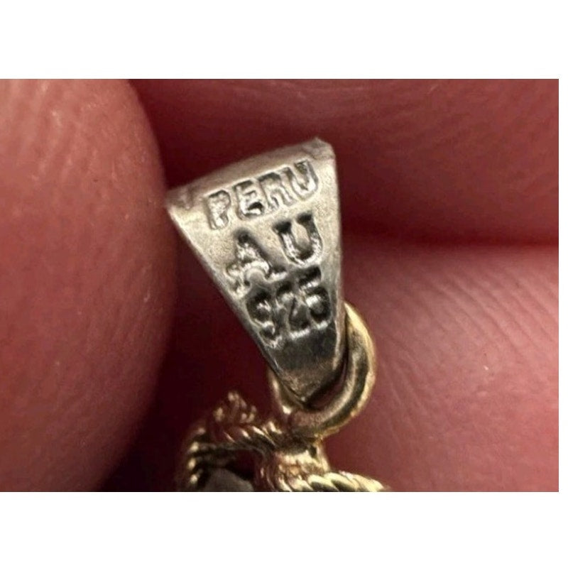 Peru 925 Sterling 1/3 10K Yellow Gold Two Tone Cross Pendant Chain 18" Necklace