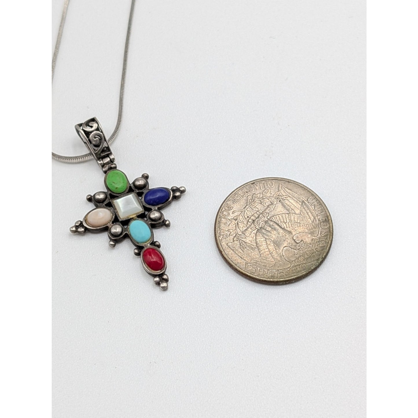 Vintage 925 Sterling Multi-Stone Cross Pendant 16" Square Snake Chain Necklace