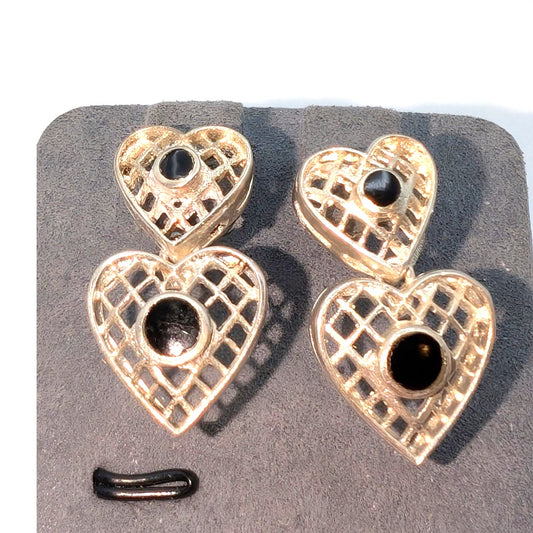 Vintage Sterling Silver Bezel Set Black Onyx Open Double Heart Dangle Earrings