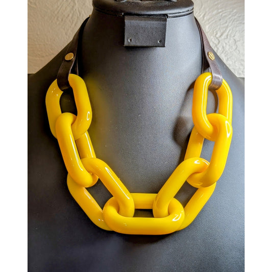 RARE Stamped BEN AMUN Yellow Lucite Large Cuban Link Chain 22" Necklace