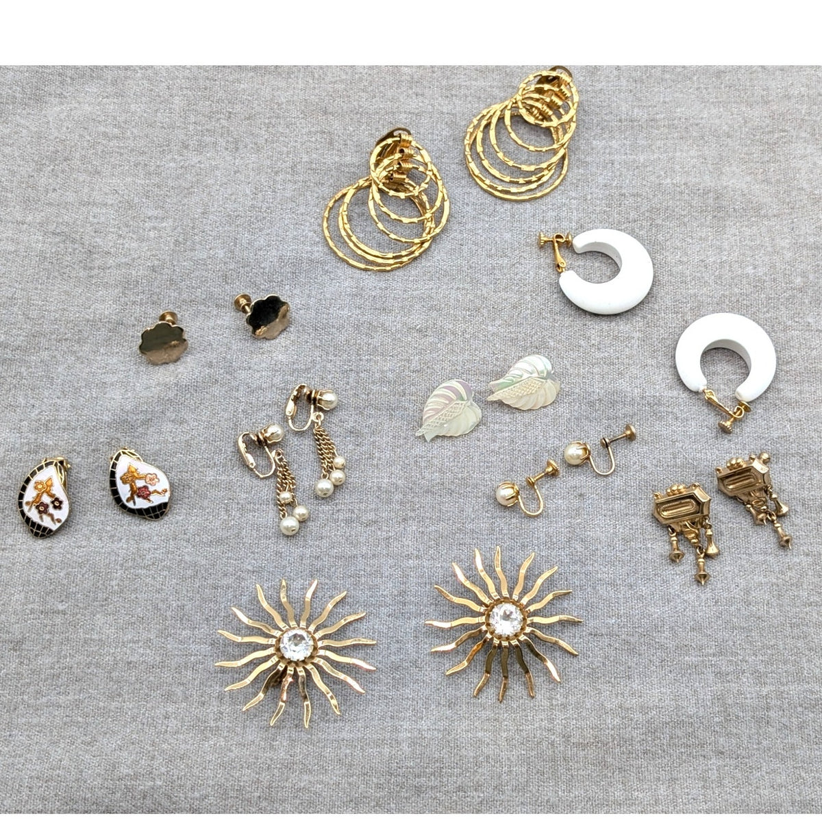 Lot of 10 Pair Vintage Clip On Screw On Gold Tone Earrings