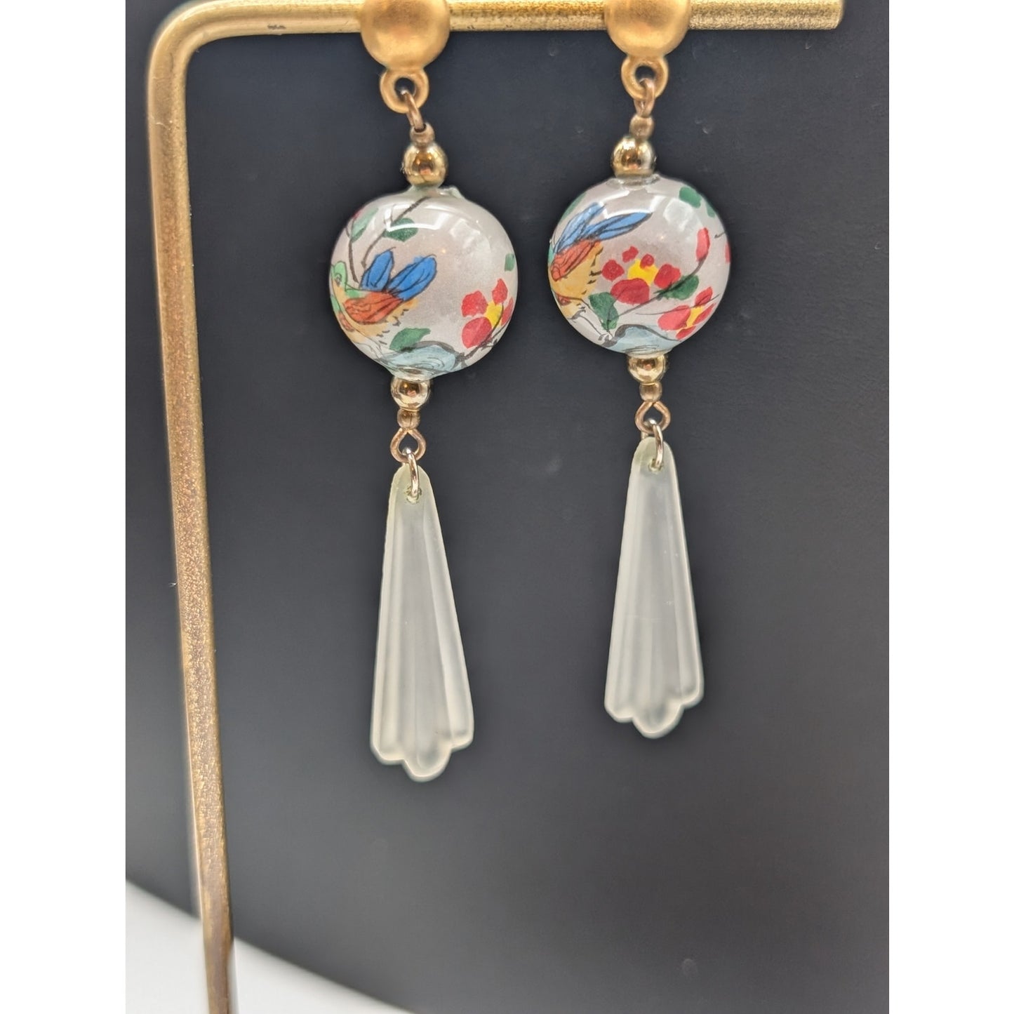 Vintage Japanese Painted Glass Bead White Frosted Dangle Earrings
