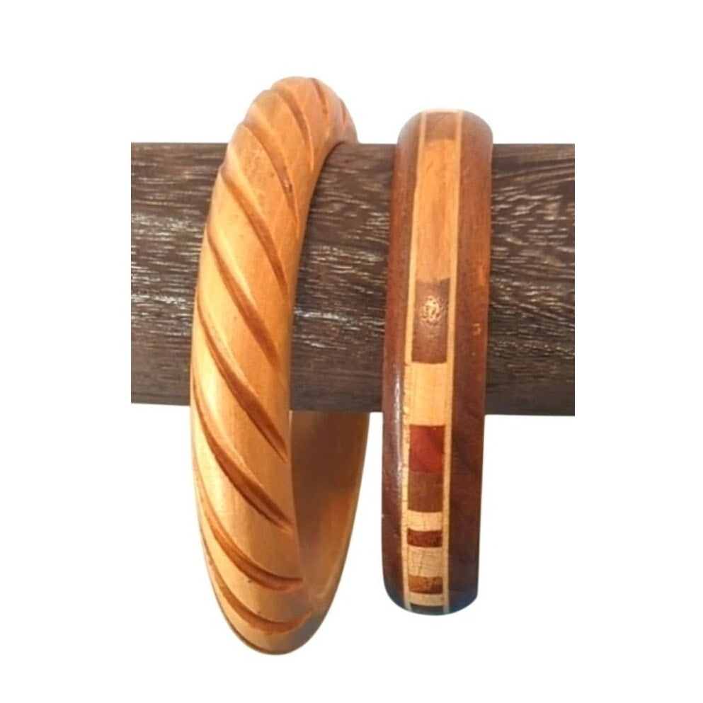 Two Wooden Bangle Bracelets One Carved with Swirl Pattern and One Inlay