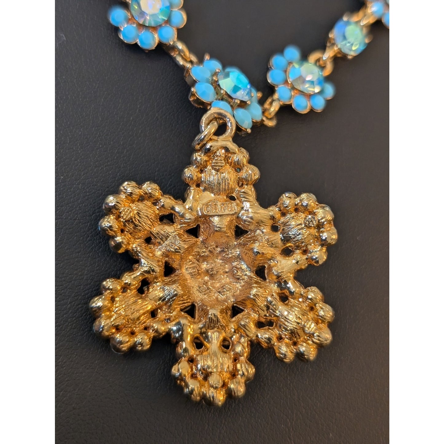 Authentic Cara Blue AB Crystal Gold Tone Pendant 16" - 20.5" Necklace