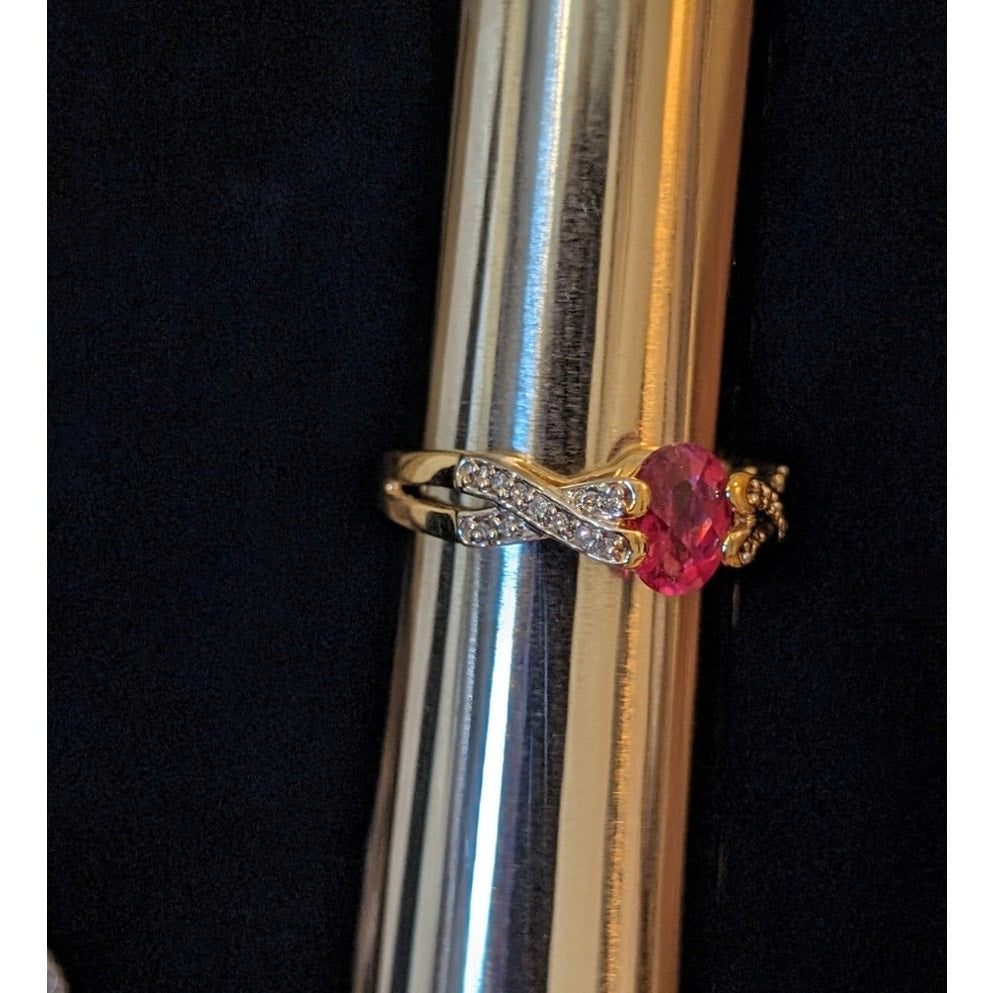 14K Gold Natural Pink Tourmaline & Diamond Criss Cross Band Ring Size 9.5