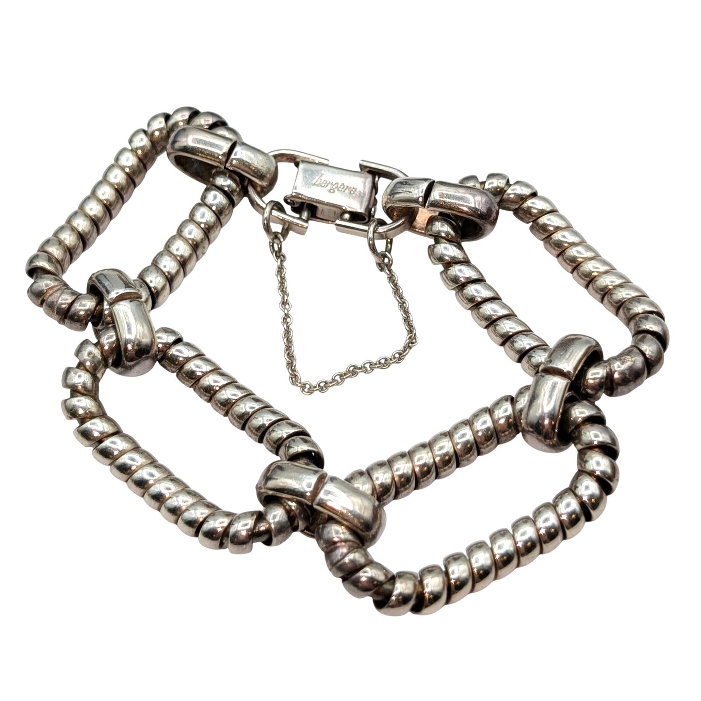 Vintage Bergere Silver Tone Wrapped Oval Curved Link Fold Over Clasp Bracelet